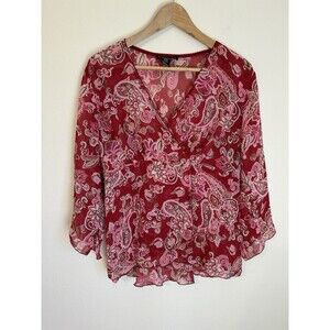 Vintage XL y2k Red Wrap Fairy V-neck Handkerchief Hem Mesh Top Blouse Paisley